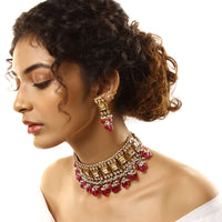 Gold Plated Choker Necklace And Earrings Set With Square And Drop Shaped Kundan And Maroon Semi Precious Stone Beads