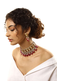 Gold Plated Choker Necklace And Earrings Set With Square And Drop Shaped Kundan And Maroon Semi Precious Stone Beads