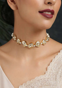 Gold Plated Choker Necklace Beautifully Handcrafted With Kundan And Pearls In A Minimalistic Design By Paisley Pop