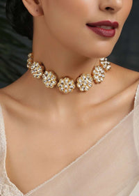 Gold Plated Choker Necklace Featuring Floral Kundan Motifs Attached By Link Chain By Paisley Pop