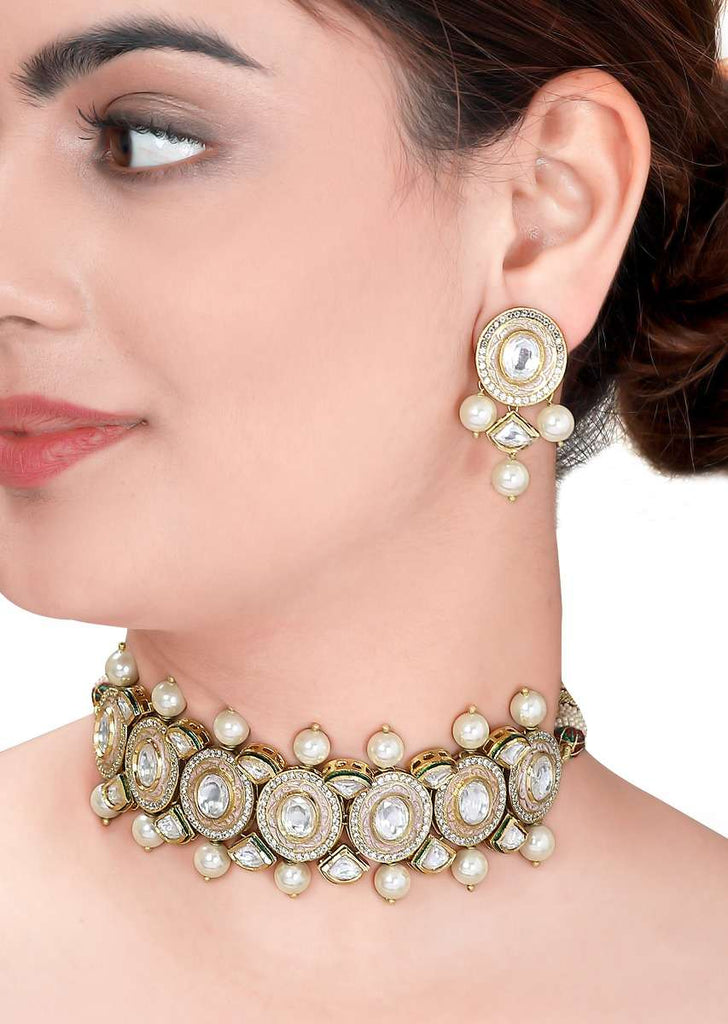 Gold Plated Choker Set With Polki, Meenakari And Dangling Shell Pearls Online - Joules By Radhika