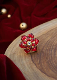 Gold Plated Cocktail Ring With Ruby Red Stones And Kundan Arranged In A Flower Shape By Paisley Pop