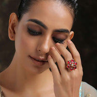 Gold Plated Cocktail Ring With Ruby Red Stones And Kundan Arranged In A Flower Shape By Paisley Pop