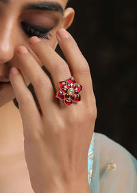 Gold Plated Cocktail Ring With Ruby Red Stones And Kundan Arranged In A Flower Shape By Paisley Pop