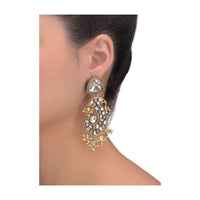 Gold Plated Dangling Earrings With Kundan, Stones, Pearls And Bugle Beads Online - Kalki Fashion