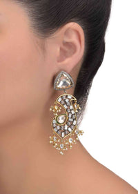 Gold Plated Dangling Earrings With Kundan, Stones, Pearls And Bugle Beads Online - Kalki Fashion