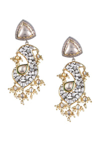 Gold Plated Dangling Earrings With Kundan, Stones, Pearls And Bugle Beads Online - Kalki Fashion