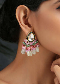 Gold Plated Earrings Featuring Drop Shaped Kundan Along With Dangling Pink And Green Bead Fringes