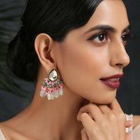 Gold Plated Earrings Featuring Drop Shaped Kundan Along With Dangling Pink And Green Bead Fringes