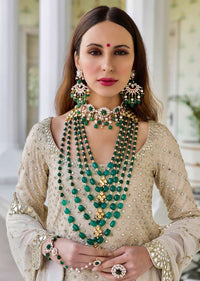 Gold Plated Earrings Frosted With Swarovski, Chinese Pearls And Carved Semi-Precious Green Beads By Prerto