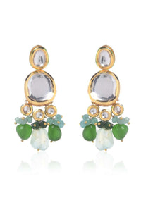 Gold Plated Earrings Handcrafted With Kundan And Dangling Green Beads By Paisley Pop