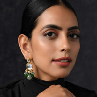 Gold Plated Earrings Handcrafted With Kundan And Dangling Green Beads By Paisley Pop