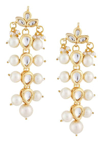 Gold Plated Earrings In A Long Sleek Design Embedded With Kundan And Pearls Online - Kalki Fashion