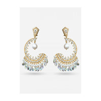 Gold Plated Earrings In Crescent Design With Dangling Pearls And Crystals By Prerto