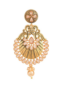 Gold Plated Earrings In Fancy Floral Pattern With Crystals And Dangling Pearl Online - Kalki Fashion