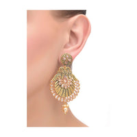 Gold Plated Earrings In Fancy Floral Pattern With Crystals And Dangling Pearl Online - Kalki Fashion