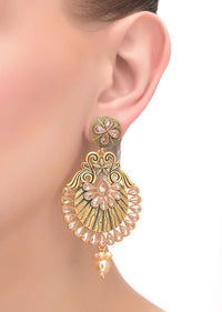 Gold Plated Earrings In Fancy Floral Pattern With Crystals And Dangling Pearl Online - Kalki Fashion