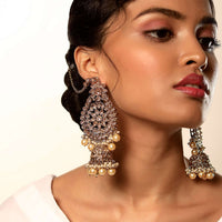 Gold Plated Earrings With Crystals Embellished In Floral Motifs Along With Yellow And White Pearls
