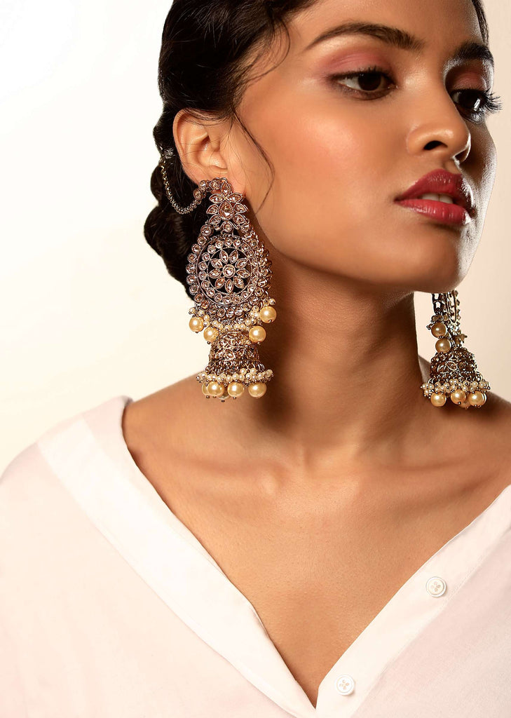 Gold Plated Earrings With Crystals Embellished In Floral Motifs Along With Yellow And White Pearls