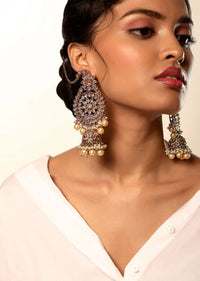 Gold Plated Earrings With Crystals Embellished In Floral Motifs Along With Yellow And White Pearls