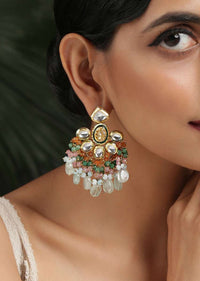 Gold Plated Earrings With Dangling Multi Colored Bead Fringes And Kundan Encrusted In Floral Design