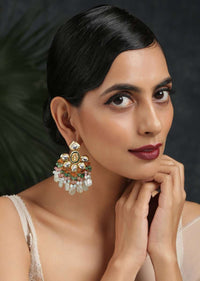 Gold Plated Earrings With Dangling Multi Colored Bead Fringes And Kundan Encrusted In Floral Design