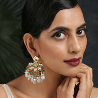 Gold Plated Earrings With Dangling Multi Colored Bead Fringes And Kundan Encrusted In Floral Design