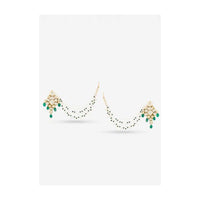 Gold Plated Earrings With Kundan And Green Beads Along With Fancy Hair Chain By Prerto