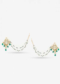 Gold Plated Earrings With Kundan And Green Beads Along With Fancy Hair Chain By Prerto