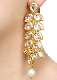 Gold Plated Earrings With Kundan In Leaf Drop Shape And Pearl Accent Online - Kalki Fashion