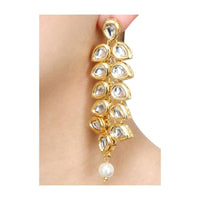 Gold Plated Earrings With Kundan In Leaf Drop Shape And Pearl Accent Online - Kalki Fashion