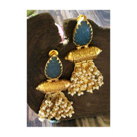 Gold Plated Earrings With Pearl Fringes And Greyish Blue Almond Shaped Stone Online - By Kripa Pranay