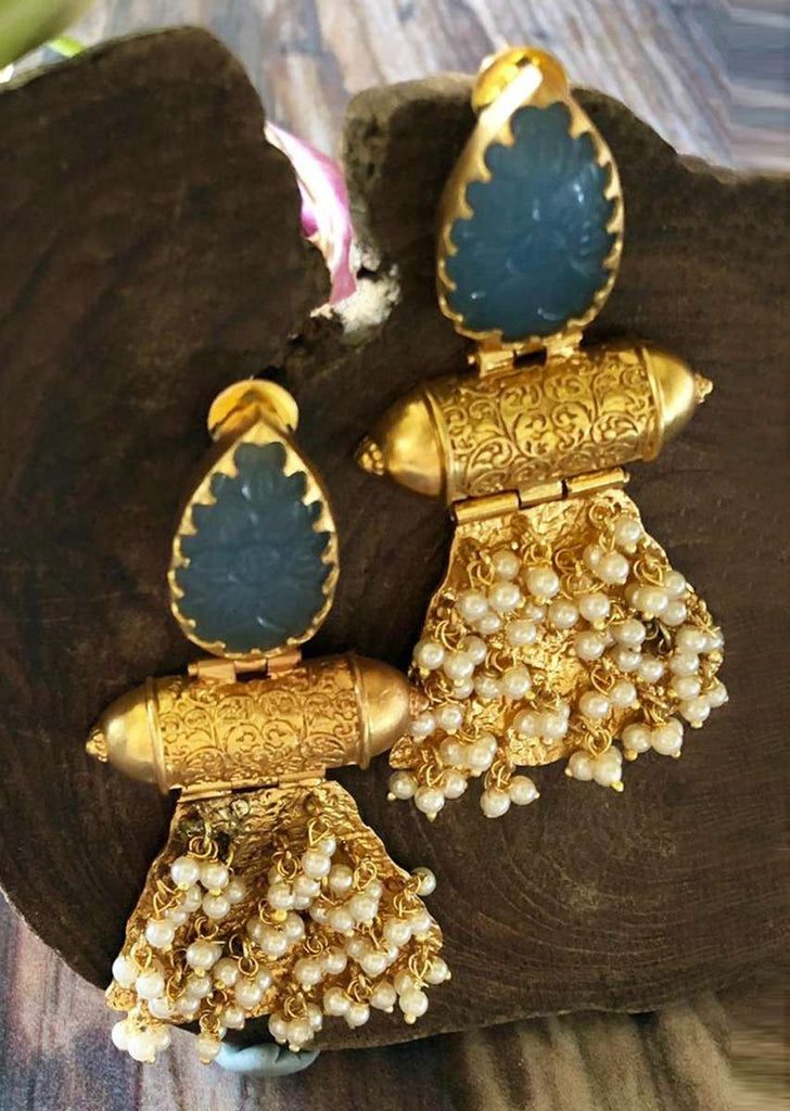 Gold Plated Earrings With Pearl Fringes And Greyish Blue Almond Shaped Stone Online - By Kripa Pranay