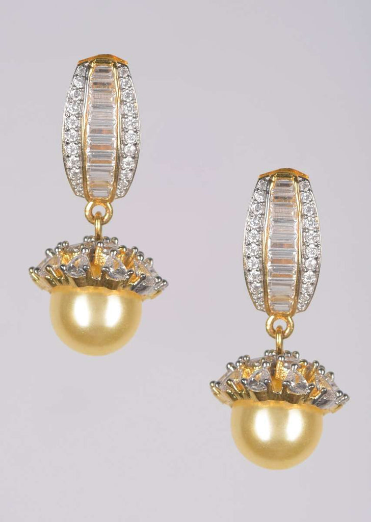 Gold Plated Earrings With Stones, Bugle Beads And Crystals And Dangling Pearl Online - Kalki Fashion