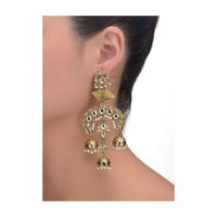 Gold plated earrings with three nano jhumkas studded with kundan, stones and pearls only on Kalki