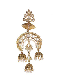 Gold plated earrings with three nano jhumkas studded with kundan, stones and pearls only on Kalki