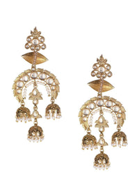 Gold plated earrings with three nano jhumkas studded with kundan, stones and pearls only on Kalki