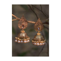 Gold Plated Embossed Jhumkas Studded With Crystals In Drop Motif And Dangling Pearls Online - Kalki Fashion