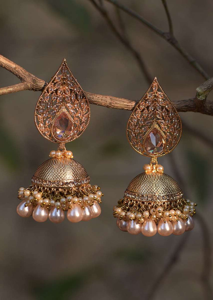 Gold Plated Embossed Jhumkas Studded With Crystals In Drop Motif And Dangling Pearls Online - Kalki Fashion