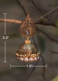 Gold Plated Embossed Jhumkas Studded With Crystals In Drop Motif And Dangling Pearls Online - Kalki Fashion