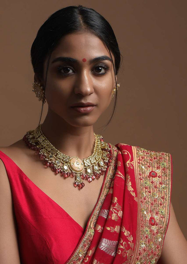 Gold Plated Ethnic Choker With Kundan Flowers And Dangling Red Beads