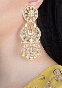 Gold Plated Ethnic Earrings With Dark Blue And Turquoise Enamelling, Kundan And Pearls By Aster