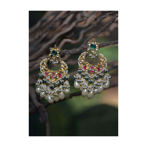 Gold Plated Ethnic Earrings With Emerald Green And Magenta Stones And Dangling Pearls And Beads