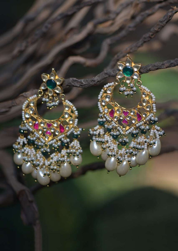 Gold Plated Ethnic Earrings With Emerald Green And Magenta Stones And Dangling Pearls And Beads