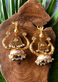 Gold Plated Ethnic Jhumkas In Peacock Design With Pastel Meenakari, Kundan And Dangling Pearls Online - By Kripa Pranay