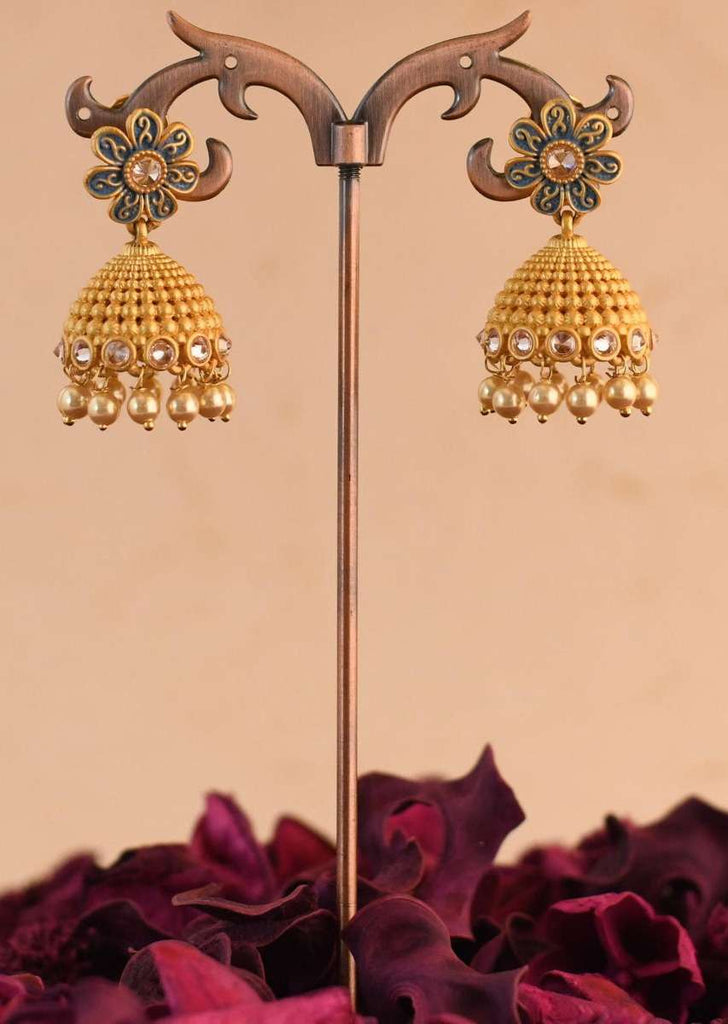 Gold Plated Floral Jhumkas With Blue Enamel Work, Stones And Dangling Pearls Online - Kalki Fashion