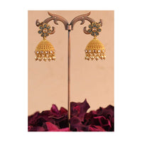 Gold Plated Floral Jhumkas With Blue Enamel Work, Stones And Dangling Pearls Online - Kalki Fashion