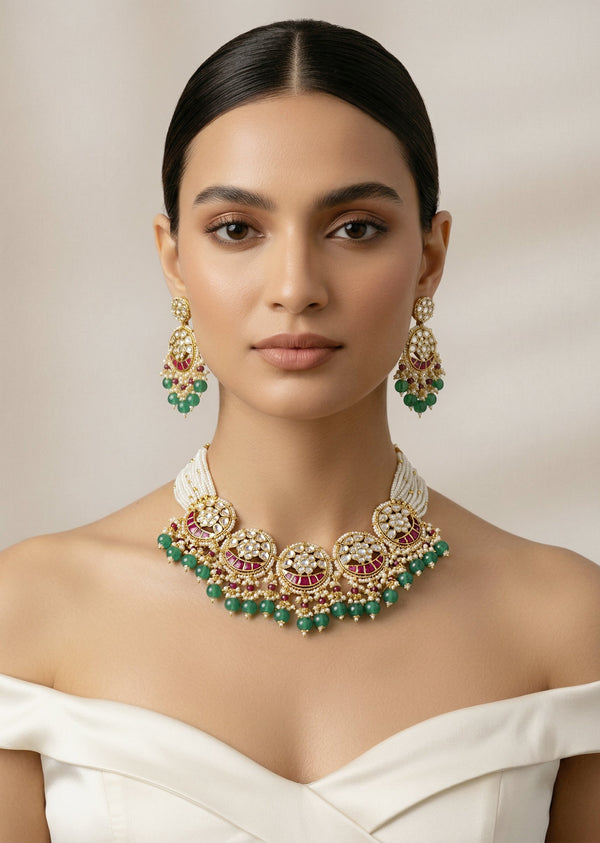 Gold Plated Green And Pink Gemstones Kundan Polki Necklace Set With Earrings