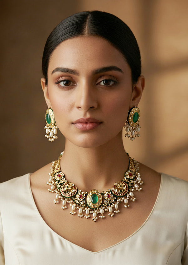 Gold Plated Green Kundan Polki Choker Necklace Set With Earrings
