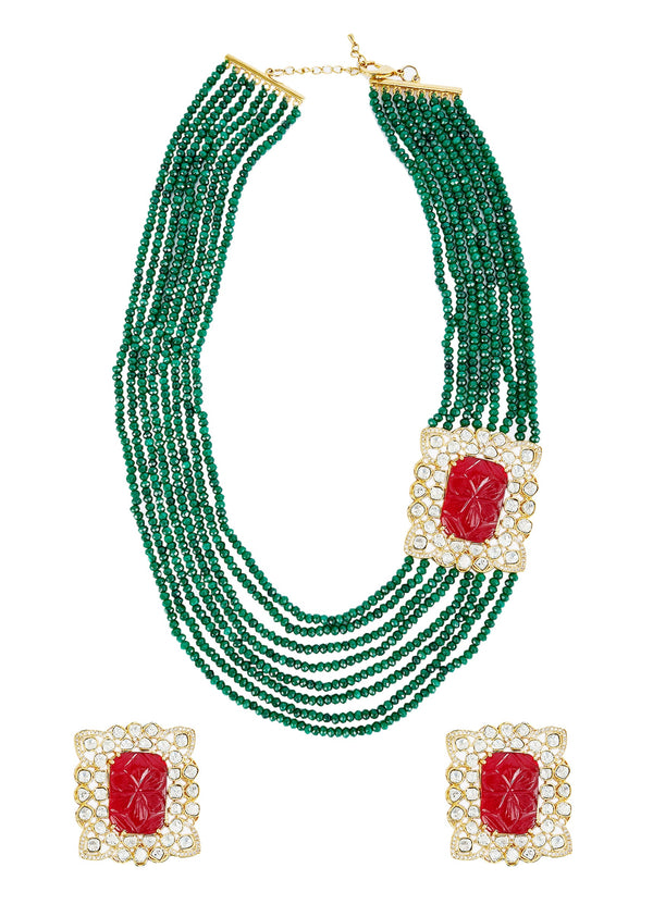 Gold Plated Green Kundan Polki Mala Necklace Set With Earrings